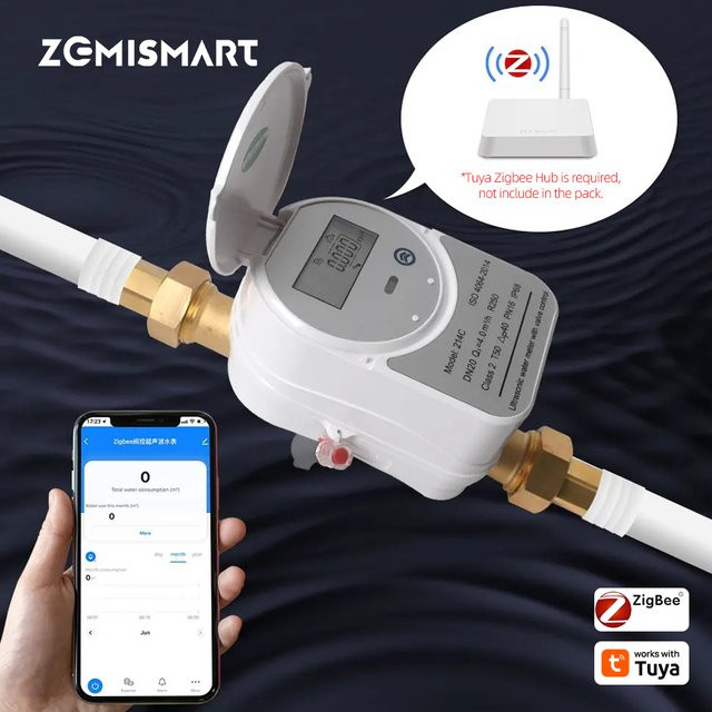 Zemismart Zigbee Smart Wasserzähler Ventilsteuerung in Weiß zur Messung von Wasserdurchfluss und Verbrauch, kompatibel mit Tuya Hub und Home Assistant - Bild 1