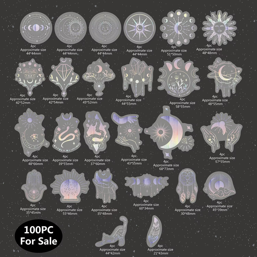 100 Stück wasserfeste Laser-Silber-Aufkleber aus transparentem PET im böhmischen Stil mit Mond, Sonne, Diamant und Feder - Bild 1
