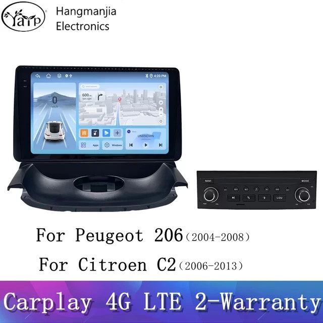 Android 13 Autoradio mit drahtlosem CarPlay und Android Auto für Peugeot 206 (2004-2008) und Citroen C2 (2006-2013), Schwarz - Bild 1