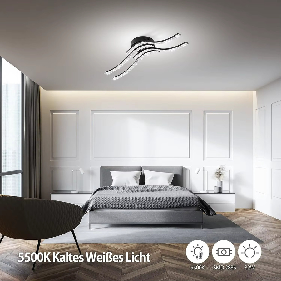 JOYINLED Wellenförmige LED-Deckenleuchte aus Acryl in Schwarz und Weiß, 32 W, 5500 K Kaltweiß, modernes Design für Wohnzimmer, Schlafzimmer und Küche - Bild 6