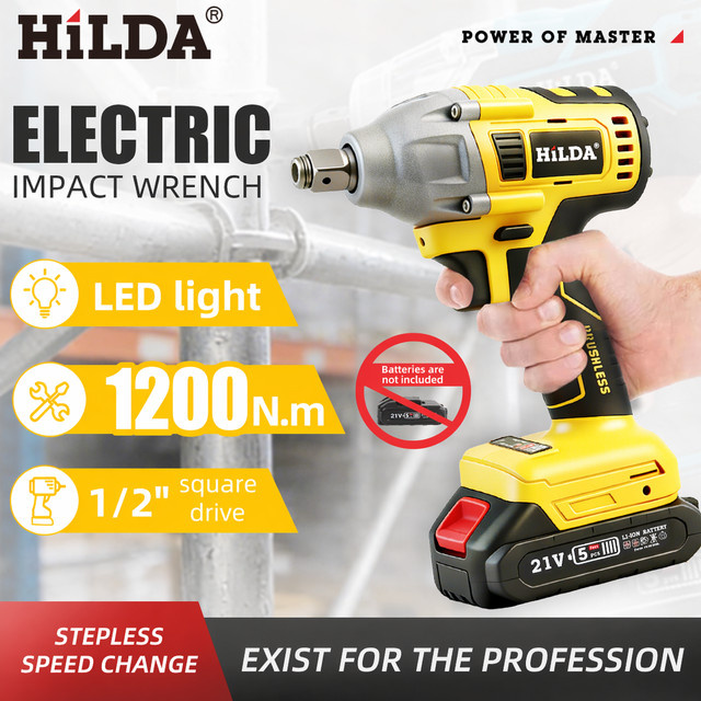 HILDA bürstenloser Schlagschrauber 1/2 Zoll, 1200 Nm, elektrischer Akku-Schraubenschlüssel in Gelb, kompatibel mit Makita LXT - Bild 1