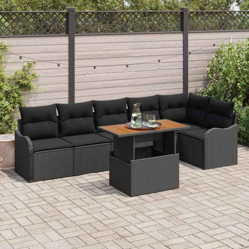 Vidaxl Polyrattan Garten-Sofa-Set mit Kissen in Schwarz, 7-teiliges modulares Loungemöbel-Set, B/T/H: 100 x 55 x 73 cm - Bild 1