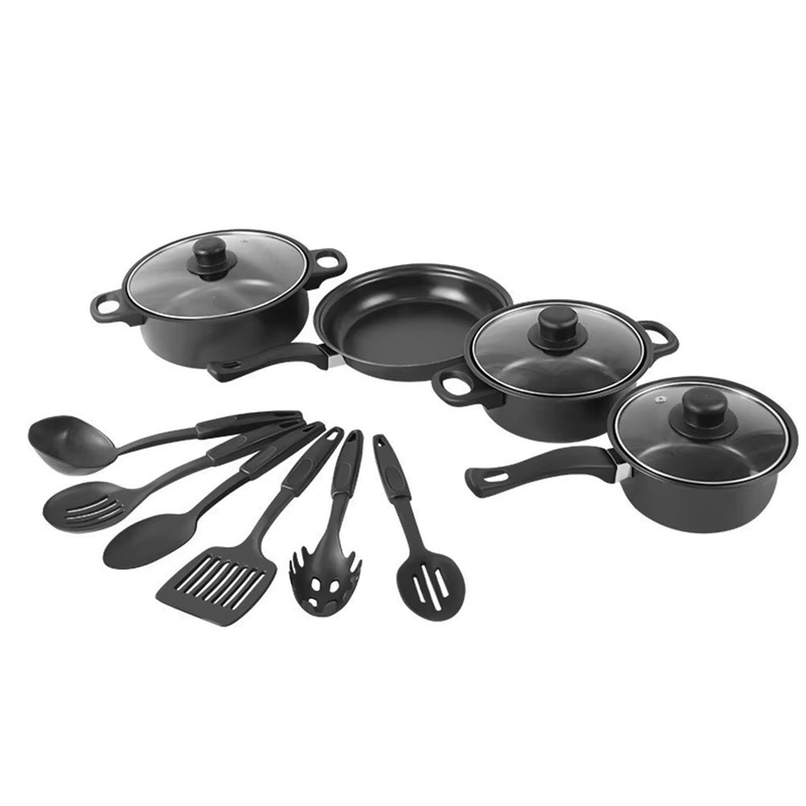 VKTECH 12-teiliges Antihaft-Kochgeschirr-Set aus Keramik in Schwarz mit Maifan-Stein-Beschichtung, bestehend aus Kochtöpfen, Pfannen und Deckeln, für alle Kochfelder - Bild 2