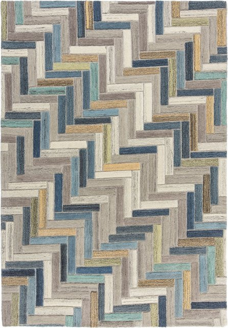Wollteppich Kadima Design mit geometrischem Fischgrät-Muster in Blau-Multicolor, B/T: 160 x 230 cm - Bild 1