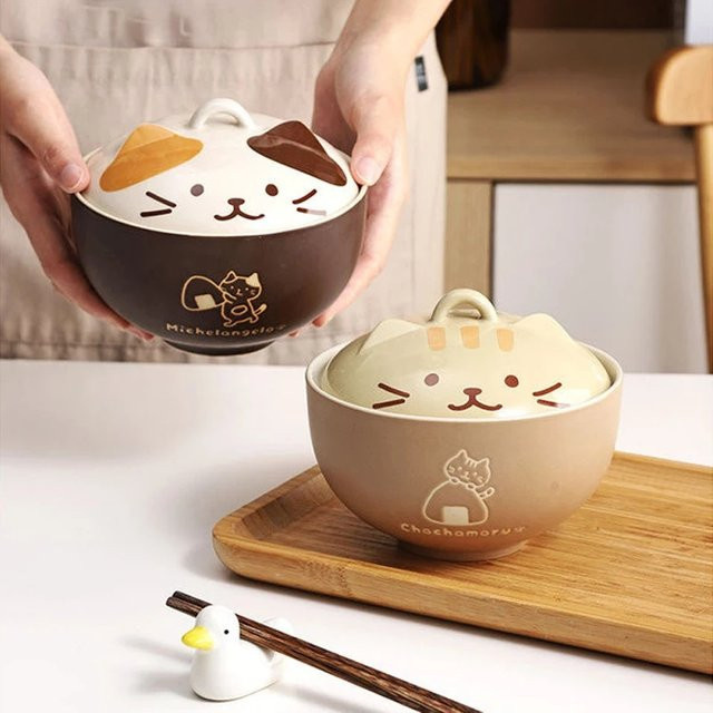 YWDL Keramik Suppenschüssel mit Deckel im japanischen Design mit Katzen-Motiv, Farbe: Gelb - Bild 1