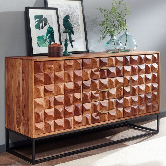 Finebuy Massivholz Sideboard aus Sheesham in Braun mit 2 Türen und 3 Schubladen im Retro 3D Design und Industrial-Design, Breite: 145 cm - Bild 1