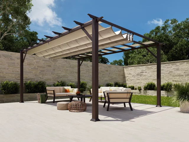 Paragon Outdoor Aluminium Pergola Florenz Pavillon mit ausziehbarem Sonnensegel in Holzoptik Cocoa, B: 505 cm, T: 350 cm, H: 236 cm - Bild 2