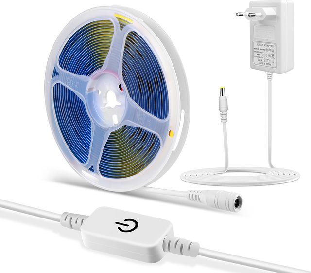 Gyarfas COB LED-Streifen Set 12V in Weiß, dimmbar mit Touch-Funktion, flexibel und selbstklebend, inklusive Netzteil, Breite: 8 mm - Bild 1