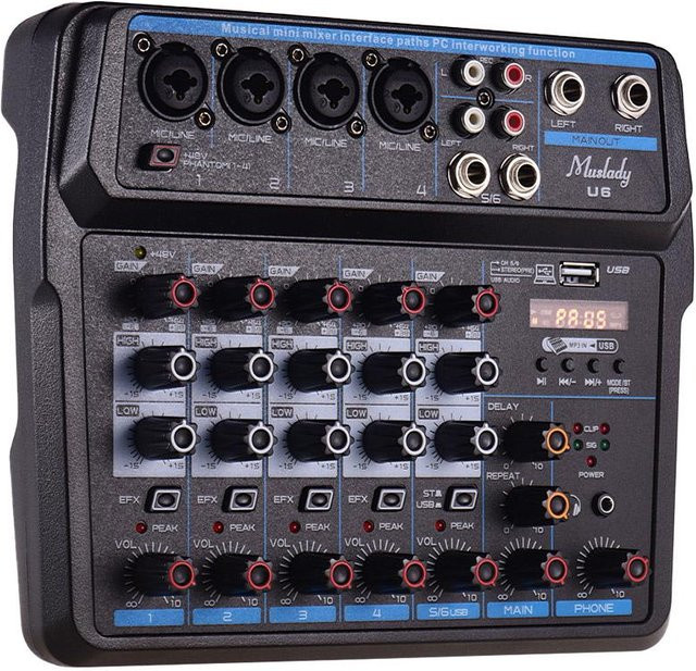 Muslady U6 Musik-Mini-Mixer mit 6 Kanälen, Bluetooth und USB-C, Audio-Mischpult mit integrierter Soundkarte und 48V-Phantomspeisung, Schwarz - Bild 1