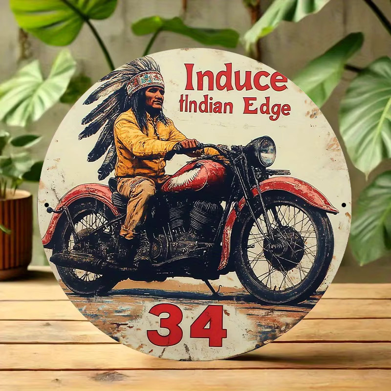Potdemiel Indianer-Motorradkunst Wanddeko Induce Indian Edge im Vintage-Stil, runde Metallwandplatte, Mehrfarbig, Durchmesser: 20 cm - Bild 4
