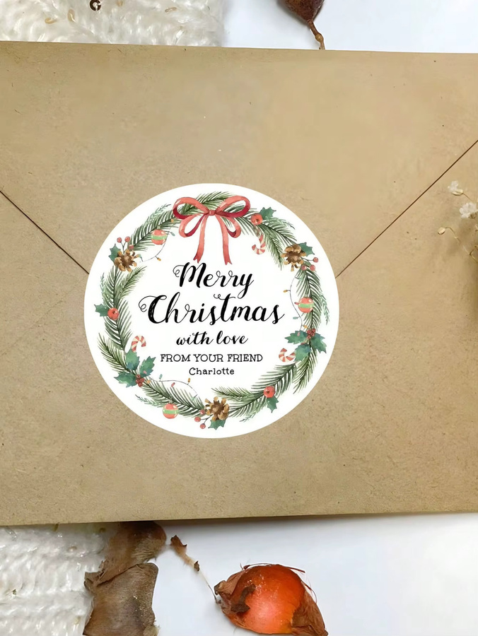 Personalisierte Weihnachtsaufkleber mit Kranz-Design, kreisförmige selbstklebende Geschenketiketten für Kinder, Mehrfarbig - Bild 2