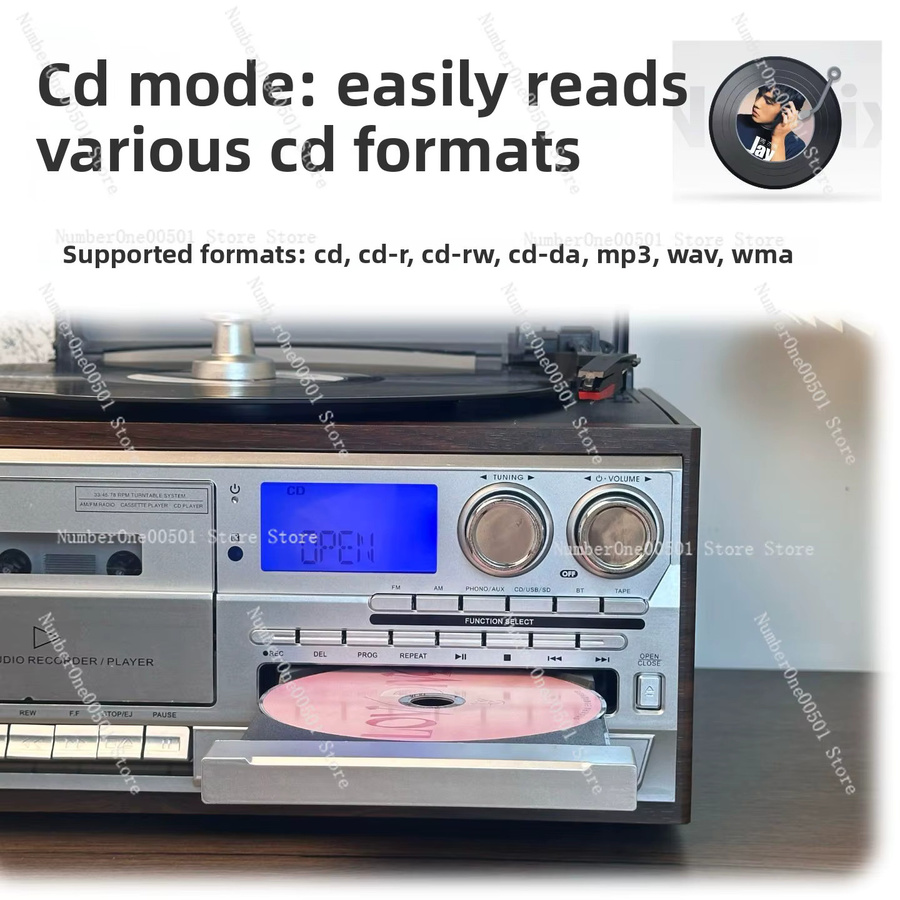Multifunktionaler 10-in-1 Schallplattenspieler mit CD-Player, Kassettenspieler und FM-Radio im nostalgischen Design - Bild 3