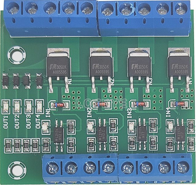 LOTHYE 4-Kanal MOSFET PLC Verstärkermodul PWM Treiberplatine, Farbe: Grün, 3–20 V bis 3,7–27 V DC, 10 A - Bild 1