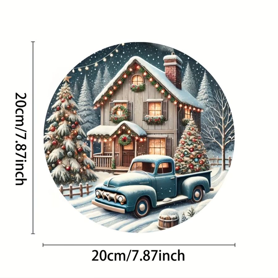 Potdemiel Vintage Weihnachts-Metallschild mit Hütte und LKW zur Dekoration, 20,32 x 20,32 cm - Bild 2