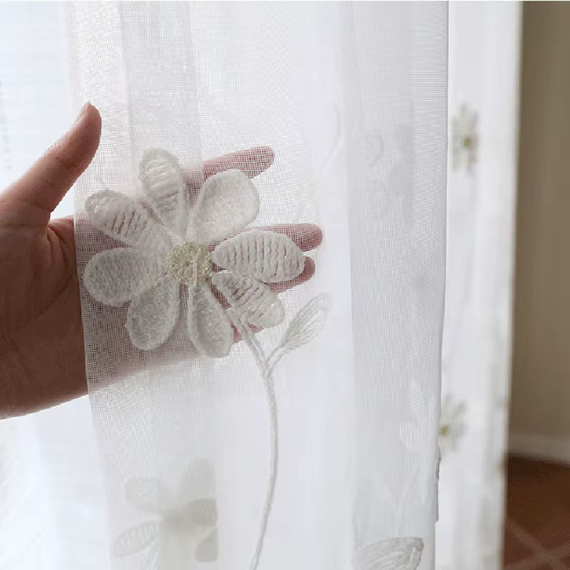 AiFish Transparent Voile-Vorhang mit Blumenstickerei in Weiß, Breite: 100 cm, Höhe: 180 cm - Bild 4