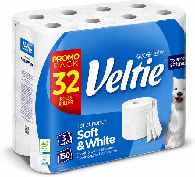 VELTIE Toilettenpapier 32 Rollen, 3-lagig, weiß, 4.800 Blatt - Bild 1