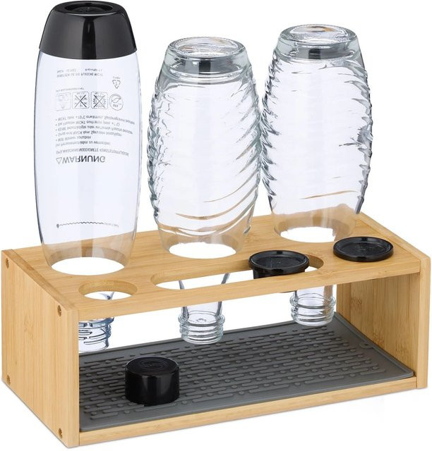 Relaxdays Flaschenhalter aus Bambus in Natur und Grau mit Silikonmatte für 3 Flaschen, B/T/H: 31 x 11 x 14,5 cm - Bild 1