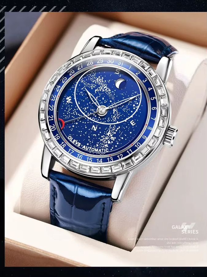 OLEVS Armbanduhr Automatik, Edelstahl, Leder, Blau, Mondphase, Herren - Bild 7