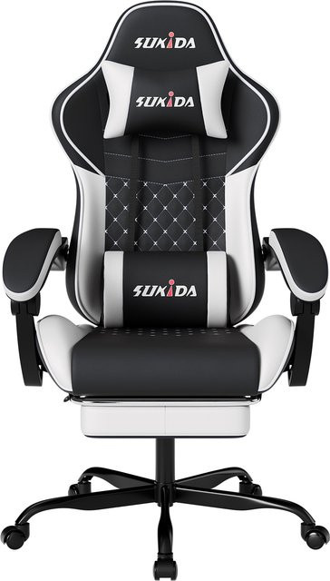 SUKIDA Gaming-Stuhl in Schwarz-Gelb mit Fußstütze, Lendenwirbelstütze und Kopfstütze aus Kunstleder - Bild 1