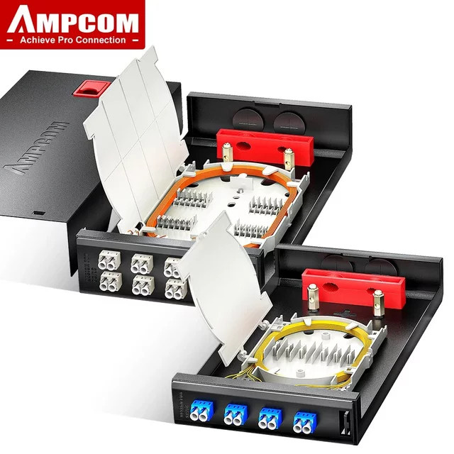 AMPCOM LC Glasfasergehäuse zur Wandmontage in Schwarz mit Kupplungen und Pigtails für Multimode/Singlemode, 4/8 Anschlüsse, 12/16 Kerne - Bild 1
