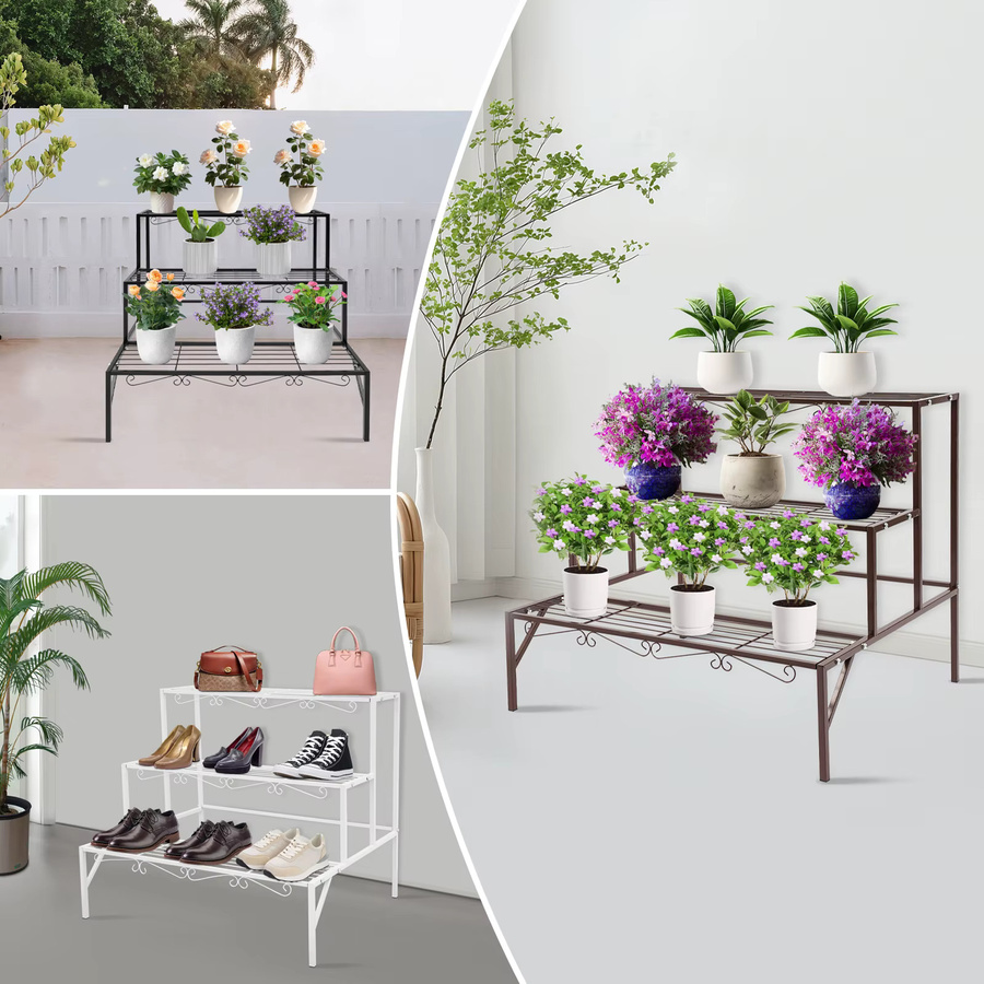 3-stufiger Metall-Pflanzenständer im Treppenstil von Bymaocar als modernes Blumenregal für Garten und Innenbereich in Bronze, Weiß oder Schwarz - Bild 2