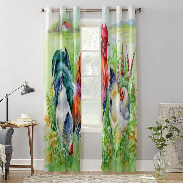 Moderne Fenstergardinen mit Huhn und Hahn Motiv für Wohnzimmer und Küche, transparent, Breite: 135 cm, Höhe: 60 cm - Bild 1