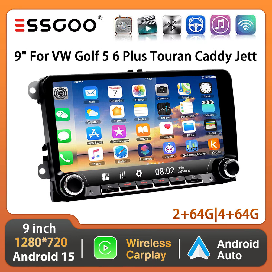 ESSGOO Android 15 Autoradio mit 9 Zoll Display, 64GB Speicher, kabelloses CarPlay, GPS, WiFi, Bluetooth und USB-C für VW Golf 5 6 Plus, Touran und Caddy in Schwarz - Bild 2