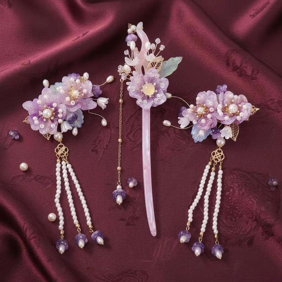 Haarnadel-Set Blumen-Quasten, Legierung, traditioneller chinesischer Stil - Bild 2