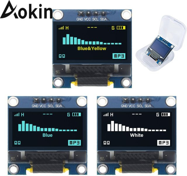 AOKIN OLED-Display-Modul SSD1306 mit 0,96 Zoll, 128 x 64 Pixel, I2C/SPI Schnittstellen, Blau/Gelb/Weiß, für Arduino ESP32 ESP8266 - Bild 1