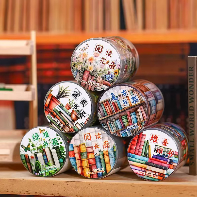 YCDBTH DIY Klebeband mit Bücherlandschaft-Motiv, PET Washi Tape für Sammelalben, Breite: 5 cm, Länge: 2 m, Mehrfarbig - Bild 2