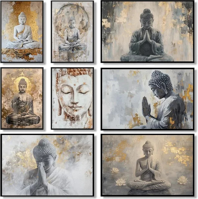 Potdemiel Minimalistisches Abstraktes Buddha Leinwand-Gemälde in Weiß und Gold für deine Zen-Wandkunst - Bild 1