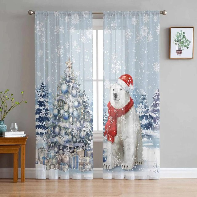 Transparente Tüll-Voile-Vorhänge mit Weihnachts-Schneeflocken und Retro-Koala Design in Grau, Breite: 135 cm, Höhe: 115 cm - Bild 1