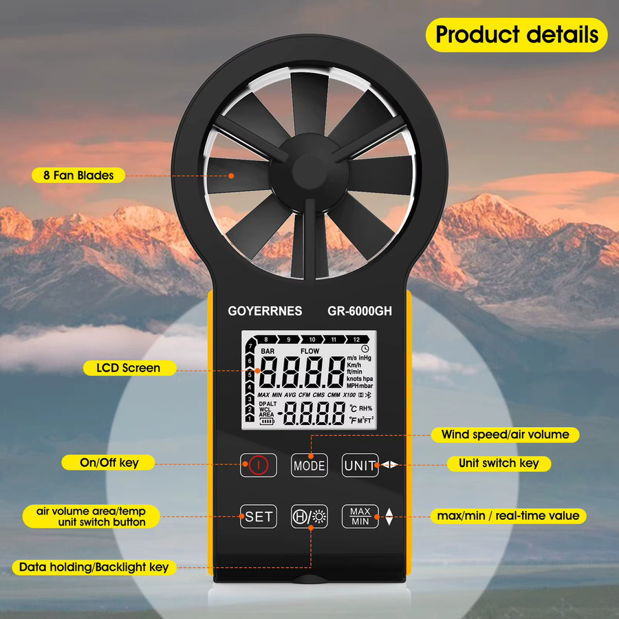 HoldPeak Digitales Anemometer mit Temperatur- und Luftstrommessung, IP67 wasserdicht, mit Hintergrundbeleuchtung und Typ-C-Aufladung - Bild 5