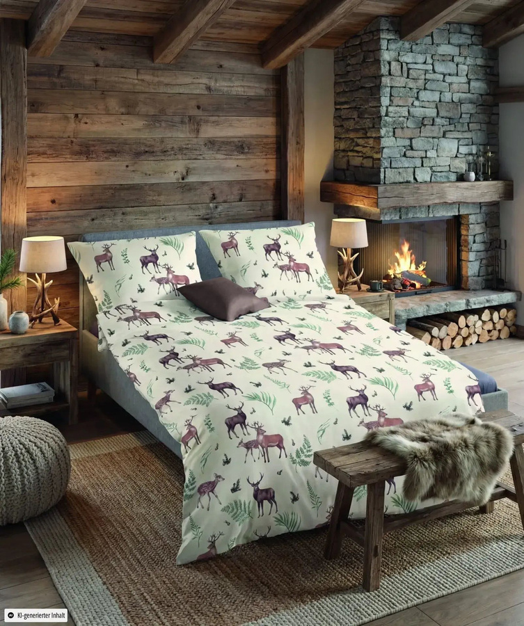 Fleuresse Aspen Biber Bettwäsche mit Hirsch und Blättern in Creme und Braun, Set aus Bettbezug und Kissenbezug, Baumwolle - Bild 1