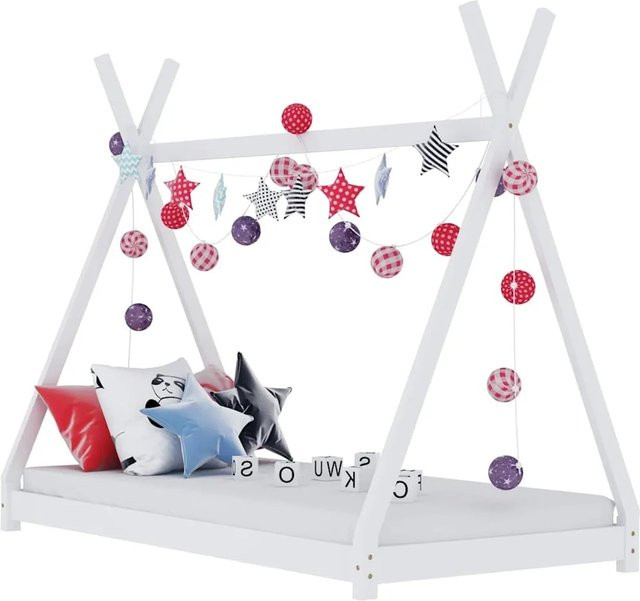vidaXL Kinder-Bettgestell im Tipi-Stil aus weiß lackiertem Kiefernholz, B/T/H: 160 x 80 x 86 cm - Bild 1