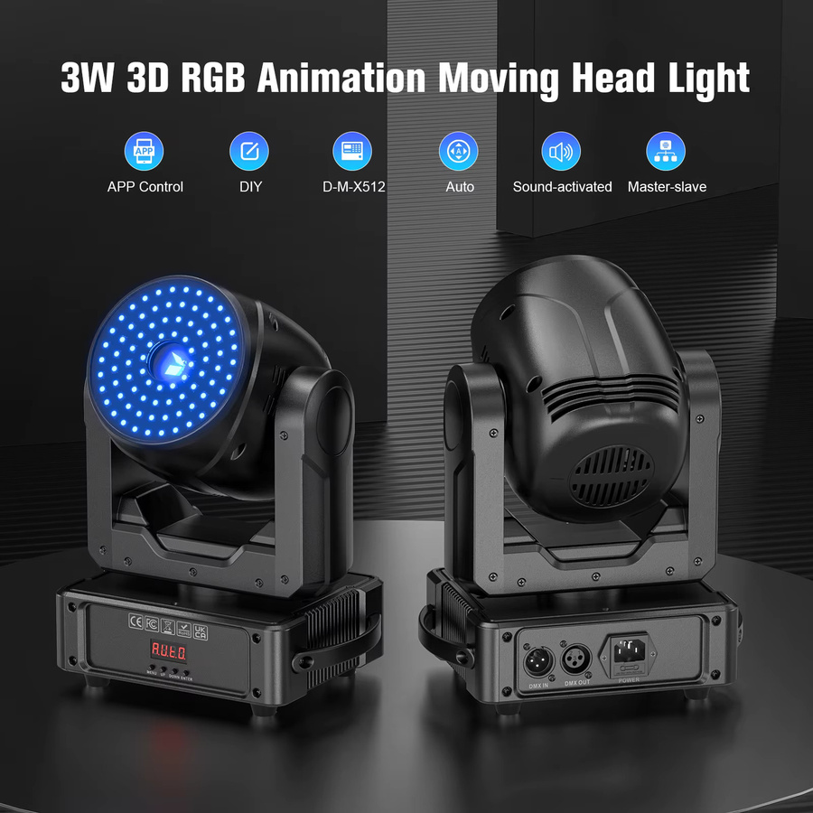 Yiflamefly 3W 3D RGB LED Moving Head Light in Schwarz mit dynamischen Animationseffekten für DJ, Party und Club, B/T/H: 26,2 x 23,4 x 15,4 cm - Bild 2