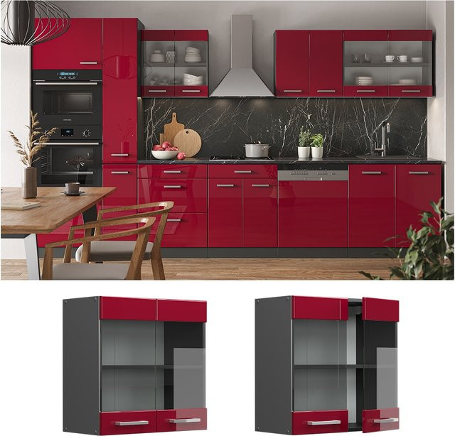 Vicco R-Line Küchen-Hängeglasschrank mit Glastüren in Anthrazit und Bordeaux Hochglanz, Breite: 60 cm, Höhe: 60 cm, Tiefe: 31 cm - Bild 1