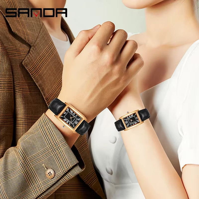 SANDA Armbanduhr Paar, Quarz, Leder, Schwarz, Eckig, Unisex - Bild 5