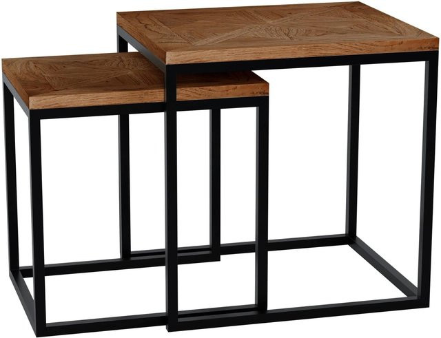 DELUKE Beistelltisch BOSSE 2er Set Eckig in Braun mit Mosaikstruktur aus Mindiholz und Eisen, B/T/H: 48 x 38 x 47 cm - Bild 1
