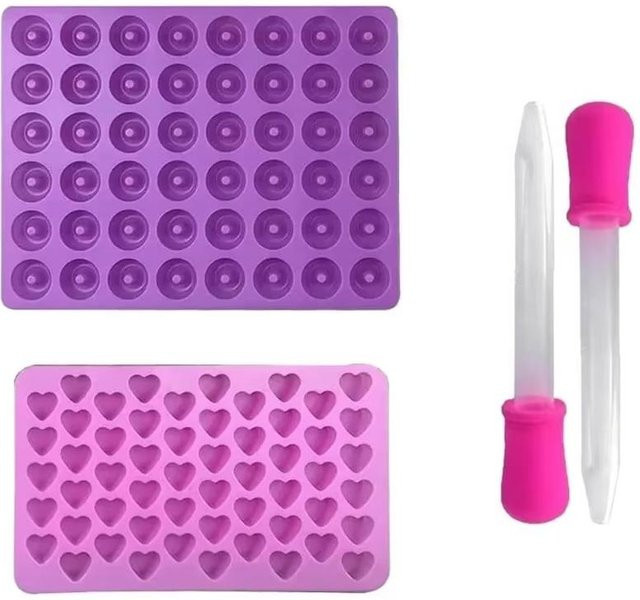 Binchi Outdoor Product Silikon Süßigkeitenform Set in Lila mit 2 Tropfern für Gummibärchen, Schokolade und Mini-Süßigkeiten in Formen wie Dinosaurier, Bär, Herz und Donut - Bild 1