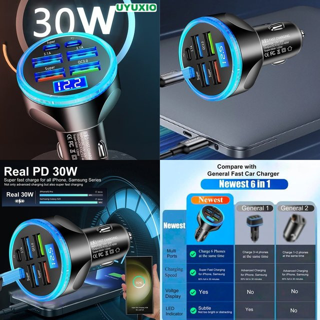 UYUXIO 6-Port Kfz-Ladegerät mit PD 30W und LED-Digitalanzeige in Schwarz - Bild 1