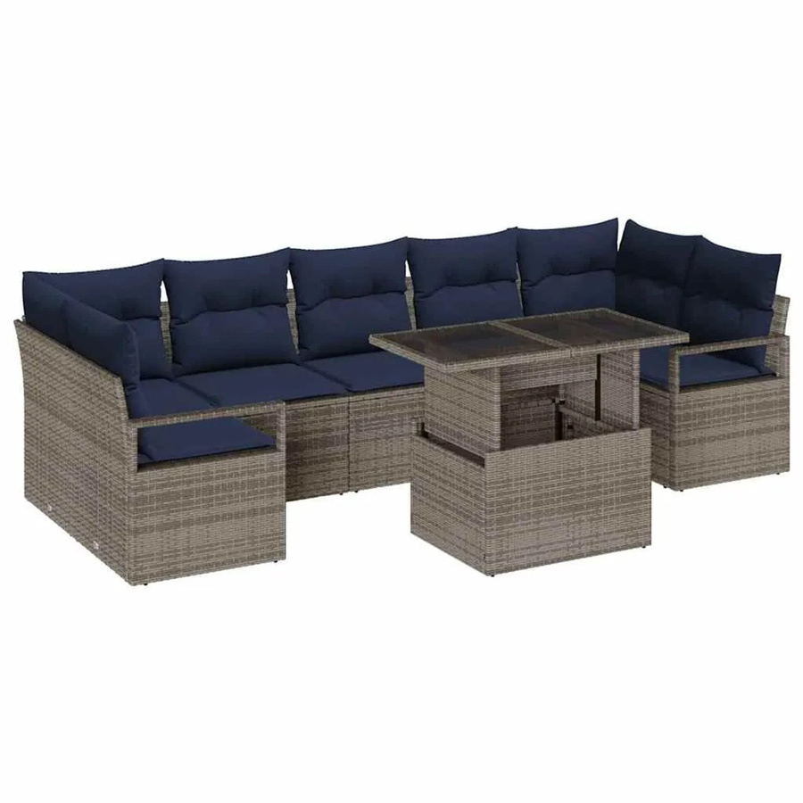 vidaXL Garten-Sofa-Set 8-teilig aus Poly-Rattan in Grau und Marineblau mit wetterfesten Polstern und pulverbeschichtetem Stahlgestell - Bild 2