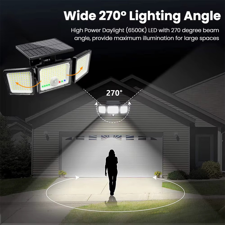 Solar-Außenleuchten mit 286 LED und Bewegungssensor, IP65 wasserdichte Solar-Sicherheitsflutlichter für den Garten, 3-Kopf-Design in Schwarz und Weiß - Bild 2