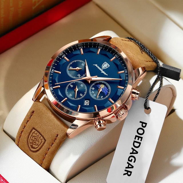 POEDAGAR Armbanduhr Chronograph, Quarz, Leder, Blau, Herren - Bild 1