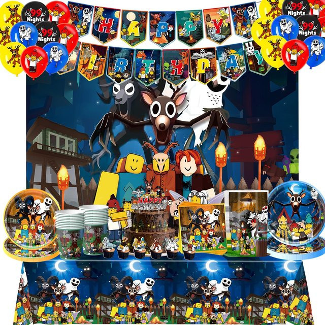 Roblox 99 Nächte im Wald Geburtstag Party Dekoration Set von Discover Intime in Pink und Mehrfarbig mit Ballons, Banner, Bechern, Tellern, Hintergrund und Geschenktüten - Bild 1