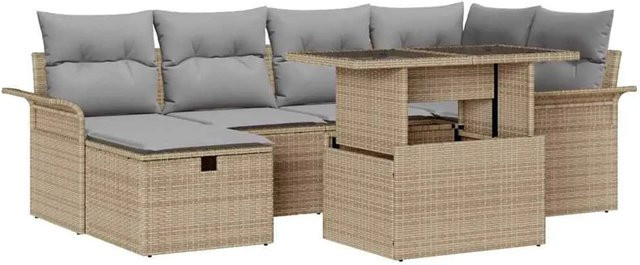 vidaXL Garten-Sofa-Set aus Polyrattan in Beige, 7-teiliges L-Shape Lounge-Set mit Kissen, Ottoman, Couchtisch und integriertem Stauraum für Terrasse und Garten - Bild 1