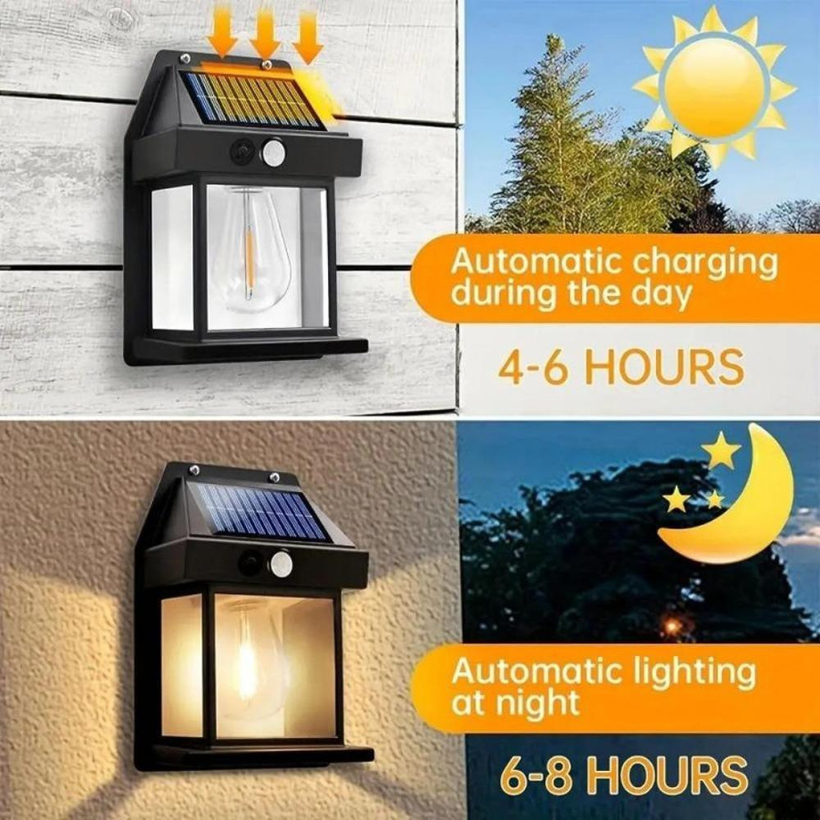 LIUXING Fire Solar Wandleuchten im 4er-Set mit Bewegungssensor und LED-Glühbirne, wasserdicht IP65, Schwarz - Bild 10