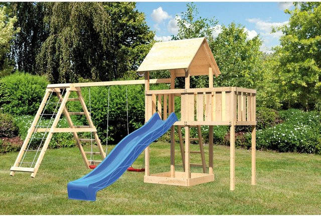 Karibu Spielturm Lotti mit Doppelschaukel, Klettergerüst, Anbau und Rutsche in Blau - Bild 1