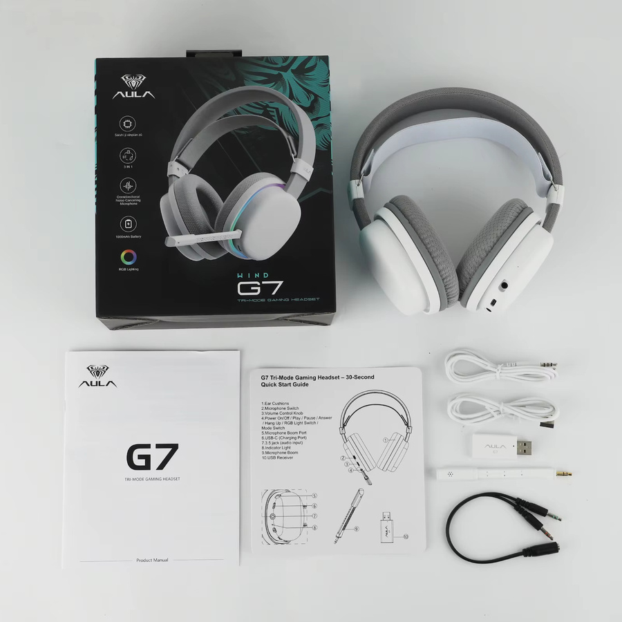 AULA G7 Gaming-Kopfhörer mit Bluetooth, 2,4 GHz und Kabel, abnehmbares Mikrofon mit Geräuschunterdrückung, RGB, 1000 mAh, Pink/Weiß, für PS4/PS5, PC und Nintendo Switch - Bild 6