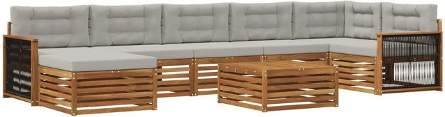 vidaXL Outdoor-Sofagarnitur L-Form aus Akazienholz mit 8 Kissen in Natur und Hellgrau - Bild 1